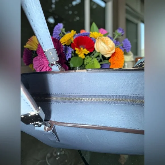 3FER Coach Light Blue Saffiano Leather Crossbody with Floral Print Accent - Picture 7 of 9